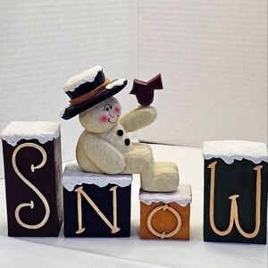 Crazy Mountain Snowman & Block Letters S N O W Figurines NOEL 1997 Vtg Gift Mom
